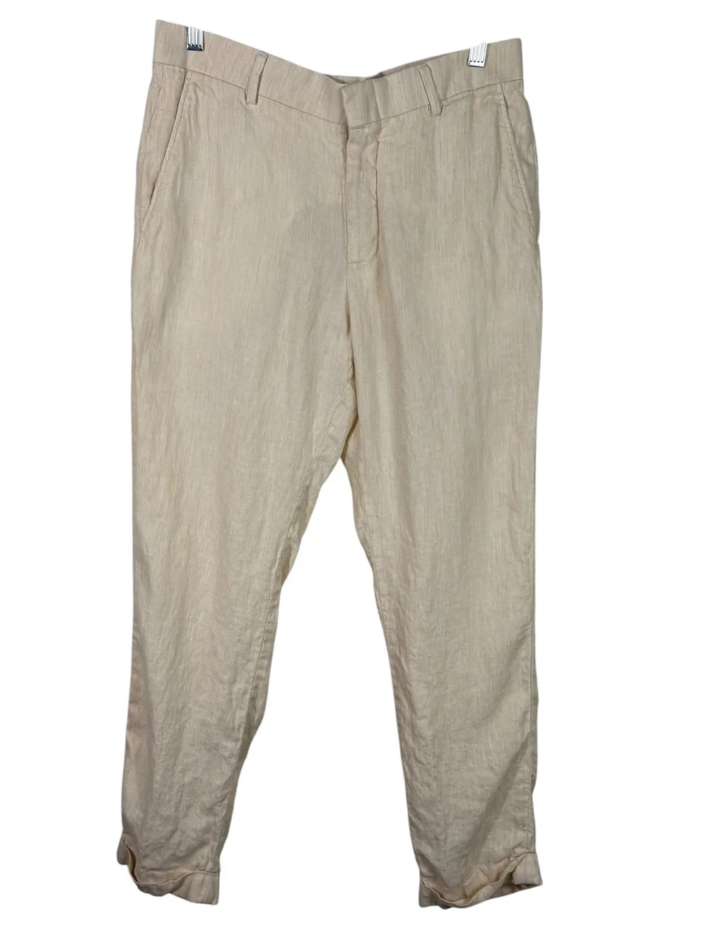 Baird McNutt Merino Alex Fit 100% Linen Beige Tan Rolled Hem Dress Pants 32x30